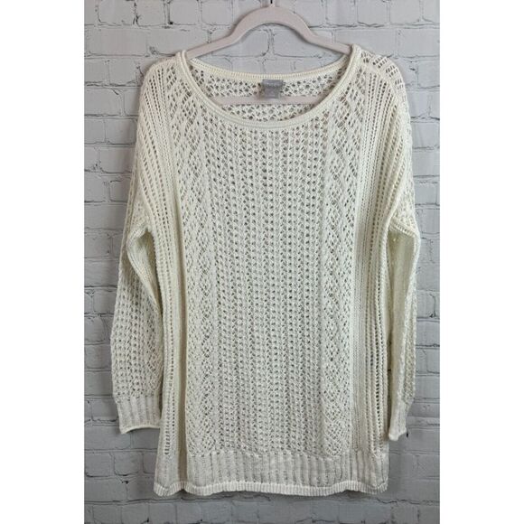 CHICO'S cotton blend white knit crochet semi-sheer sweater pullover size 2 L - Picture 1 of 7